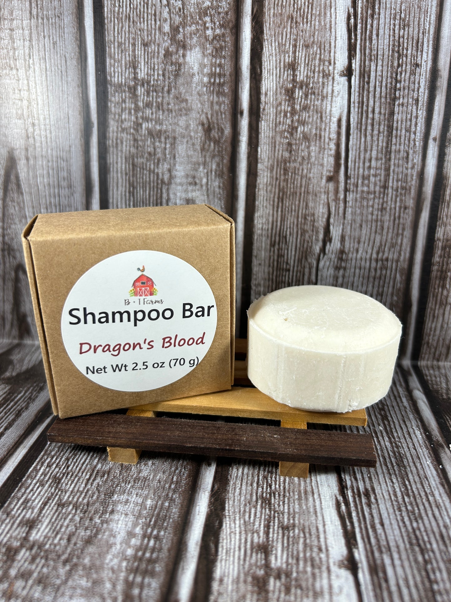 Shampoo bar with packaging on a wooden background