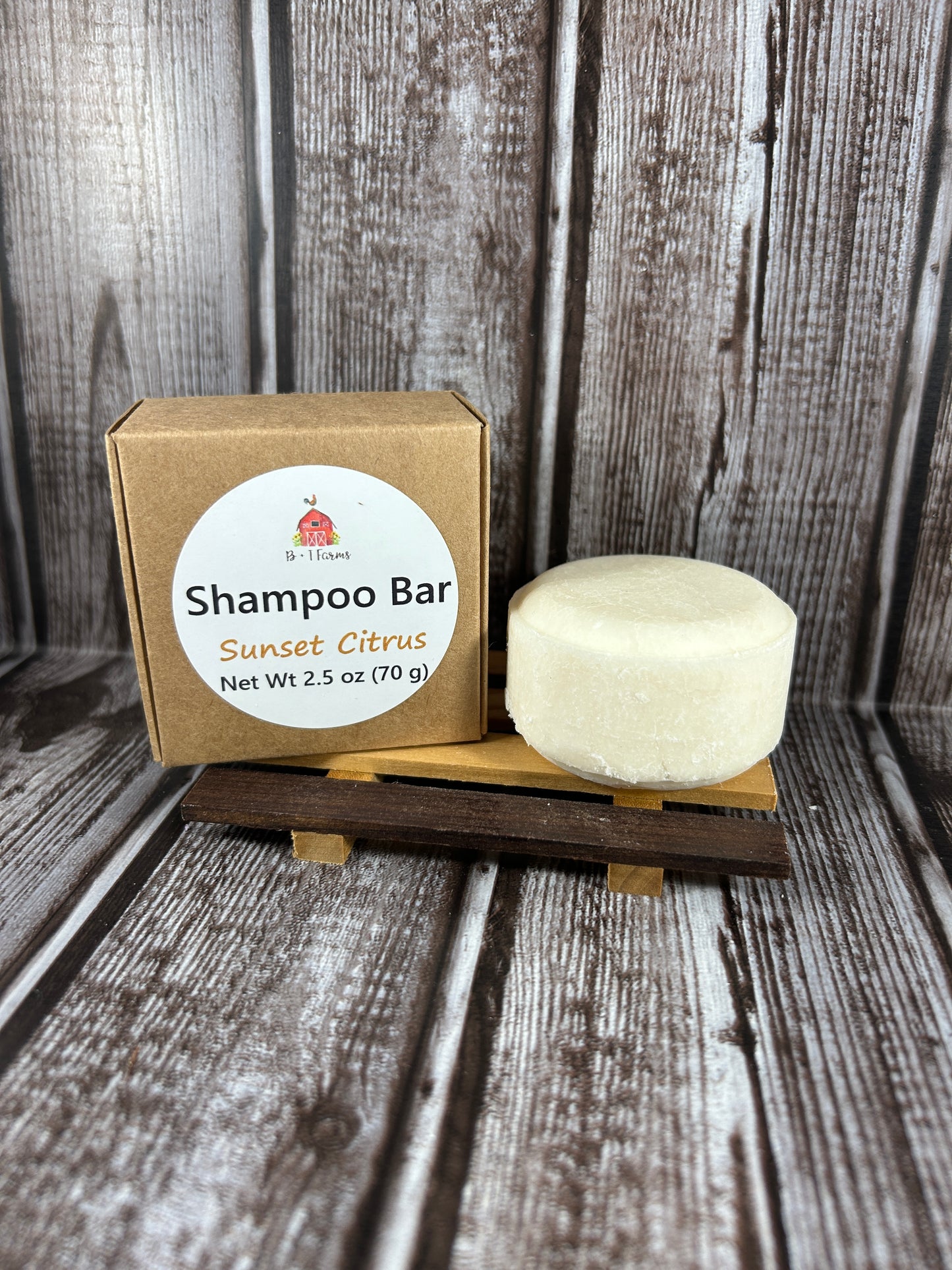 Shampoo bar with packaging on a wooden surface