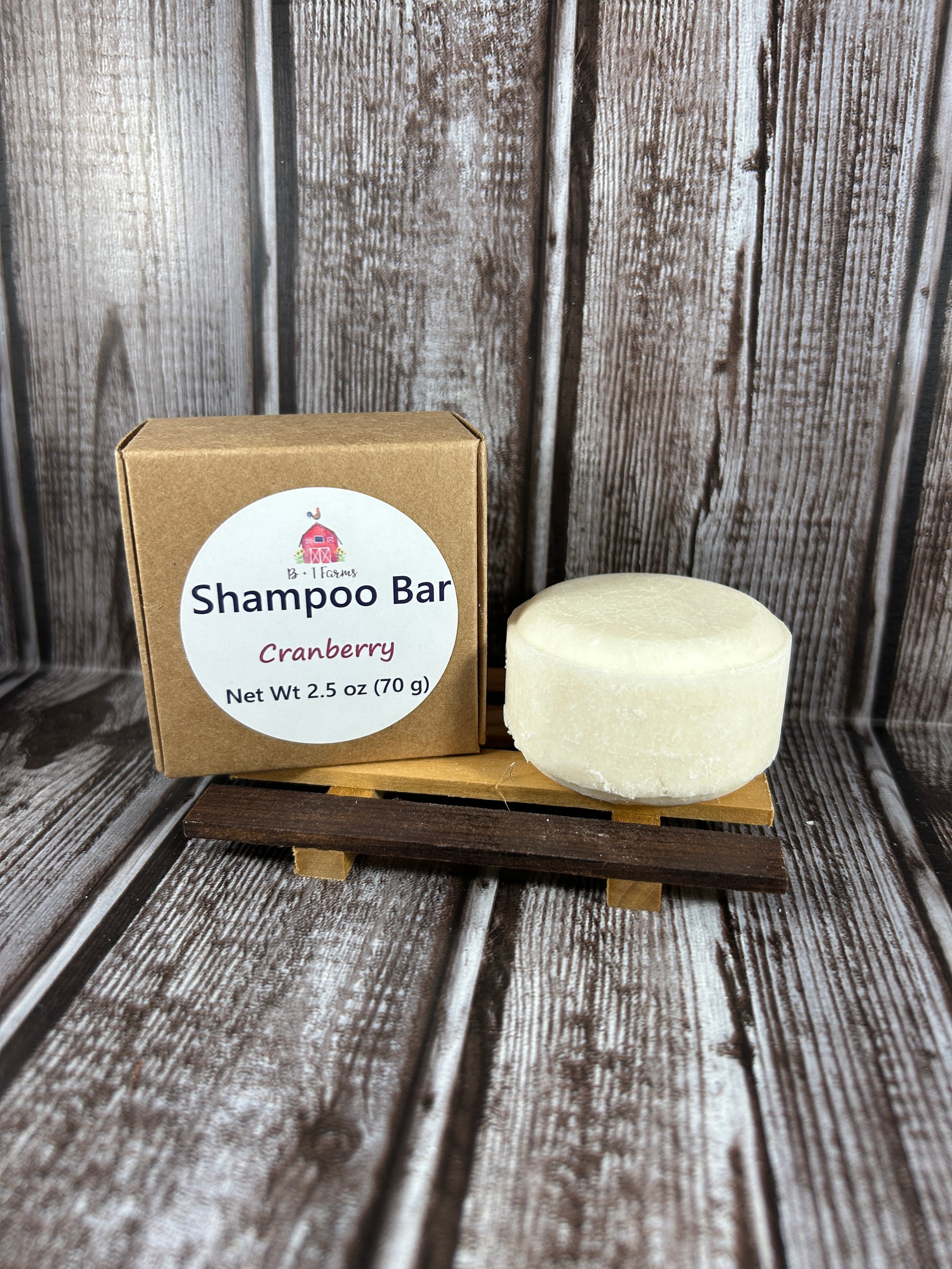 Shampoo bar with packaging on a wooden surface