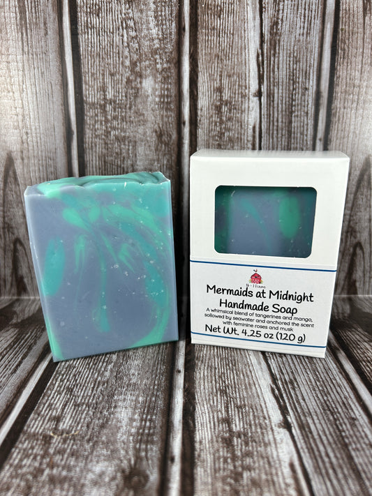 Bar of soap with packaging on a wooden surface