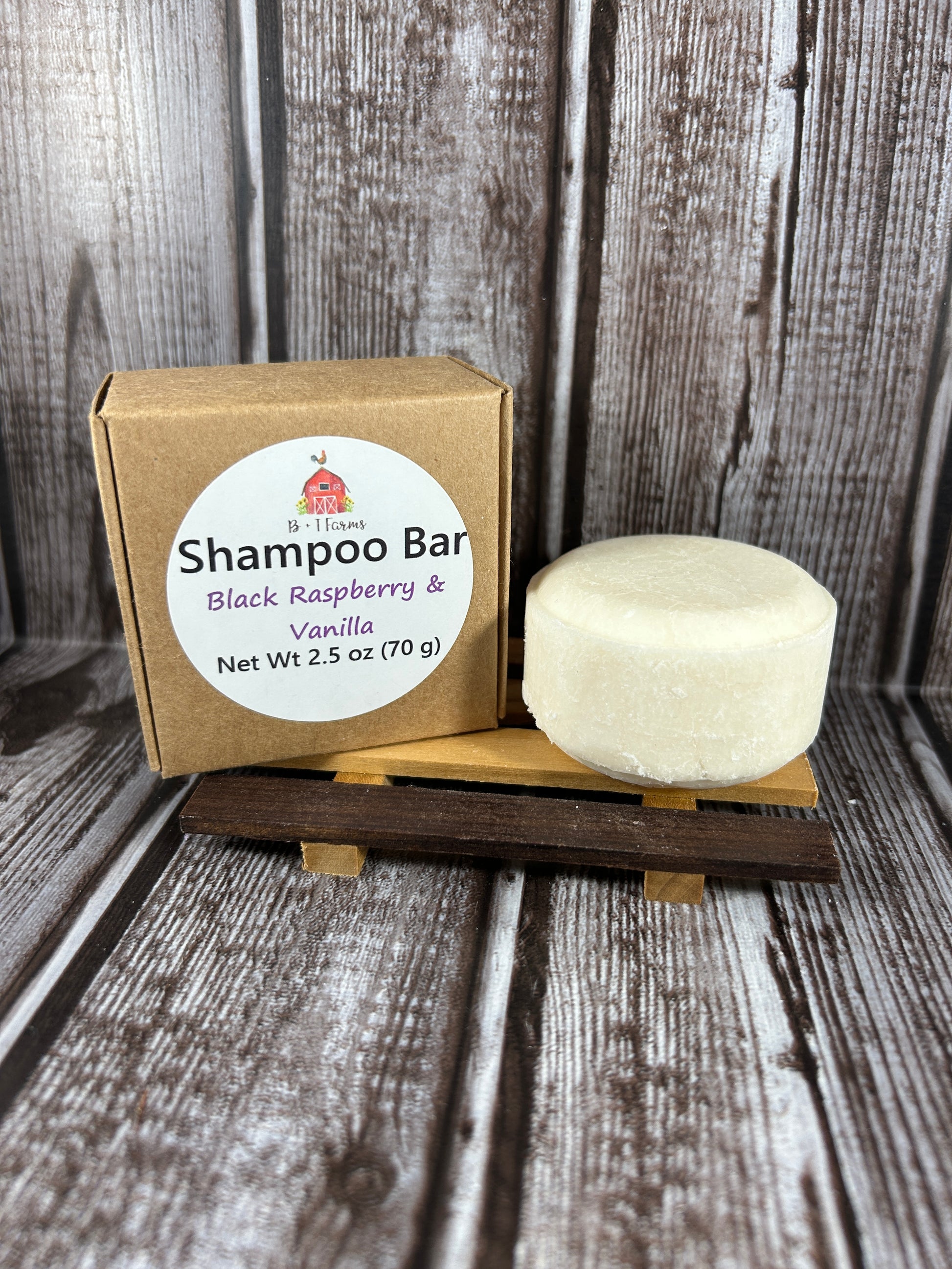 Shampoo bar with packaging on a wooden surface