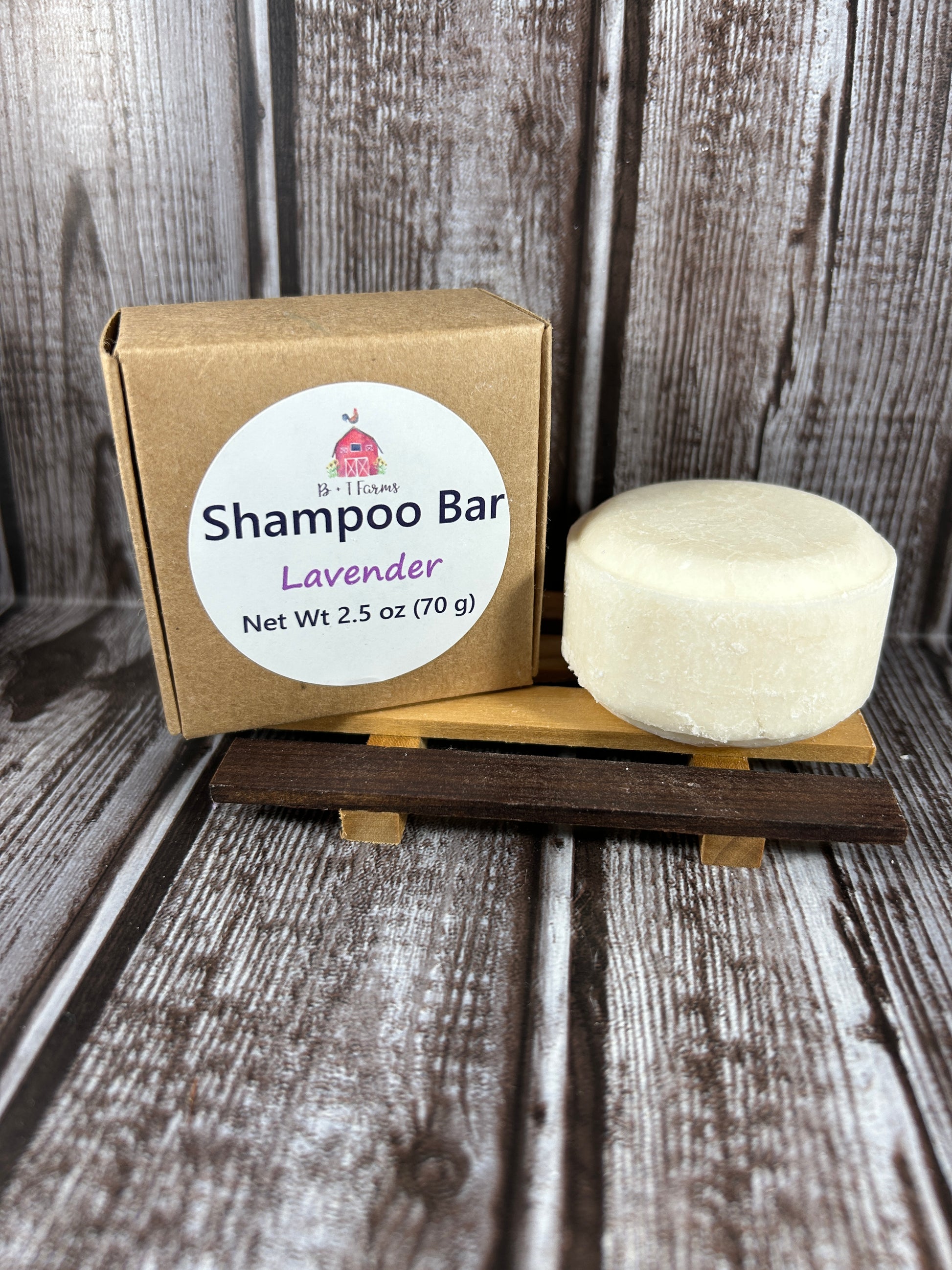 Shampoo bar with a brown box on a wooden surface