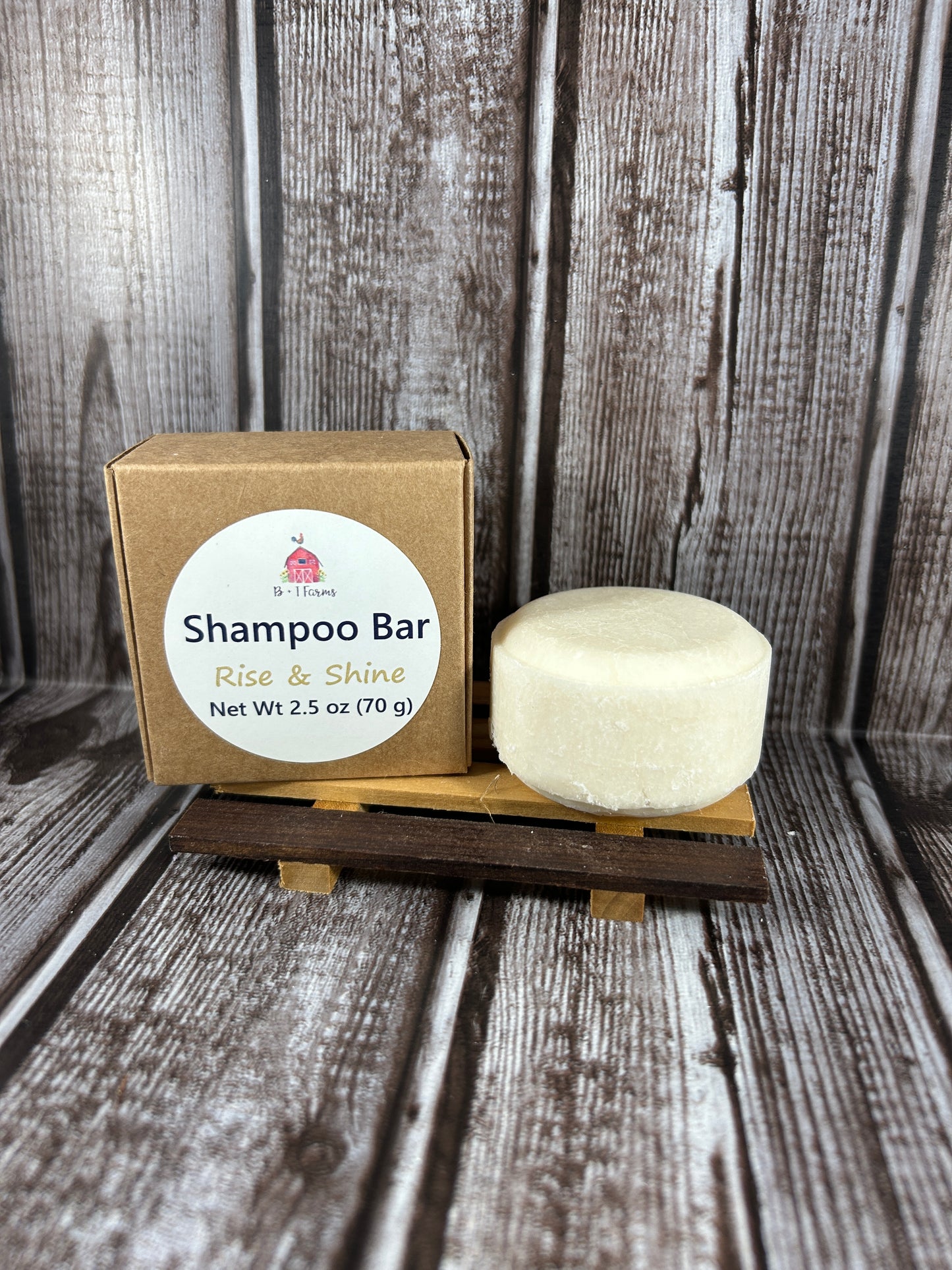 Shampoo bar in a cardboard box on a wooden surface