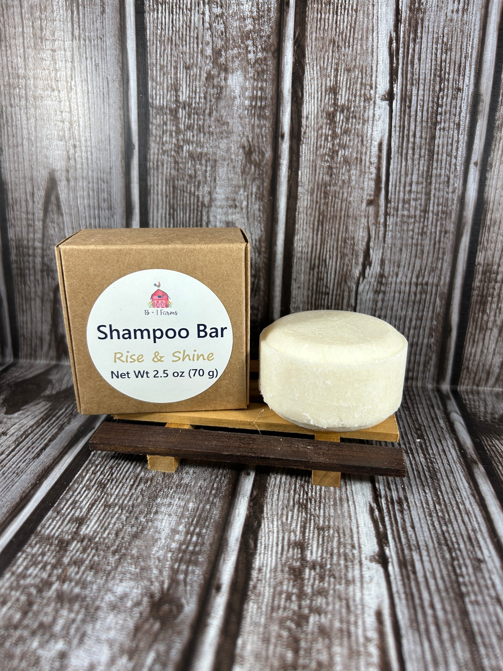Shampoo bar in a cardboard box on a wooden surface