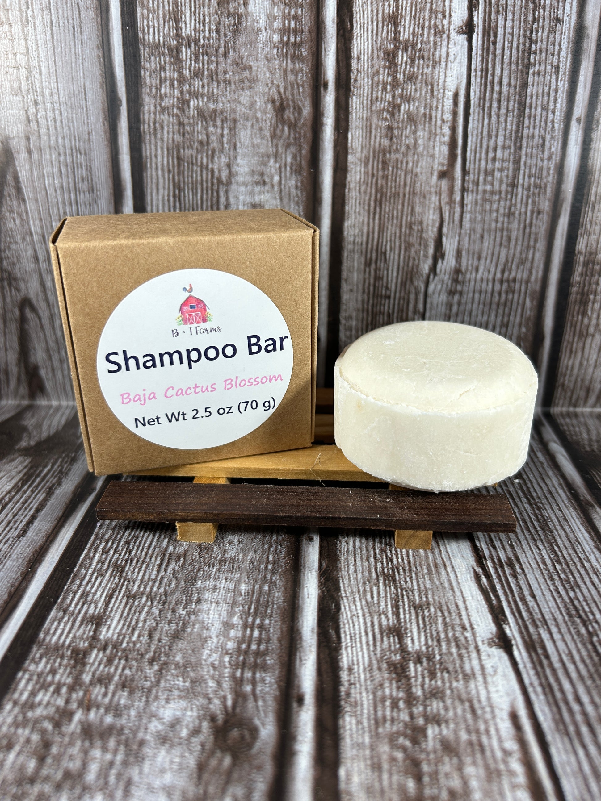 Shampoo bar with packaging on a wooden surface