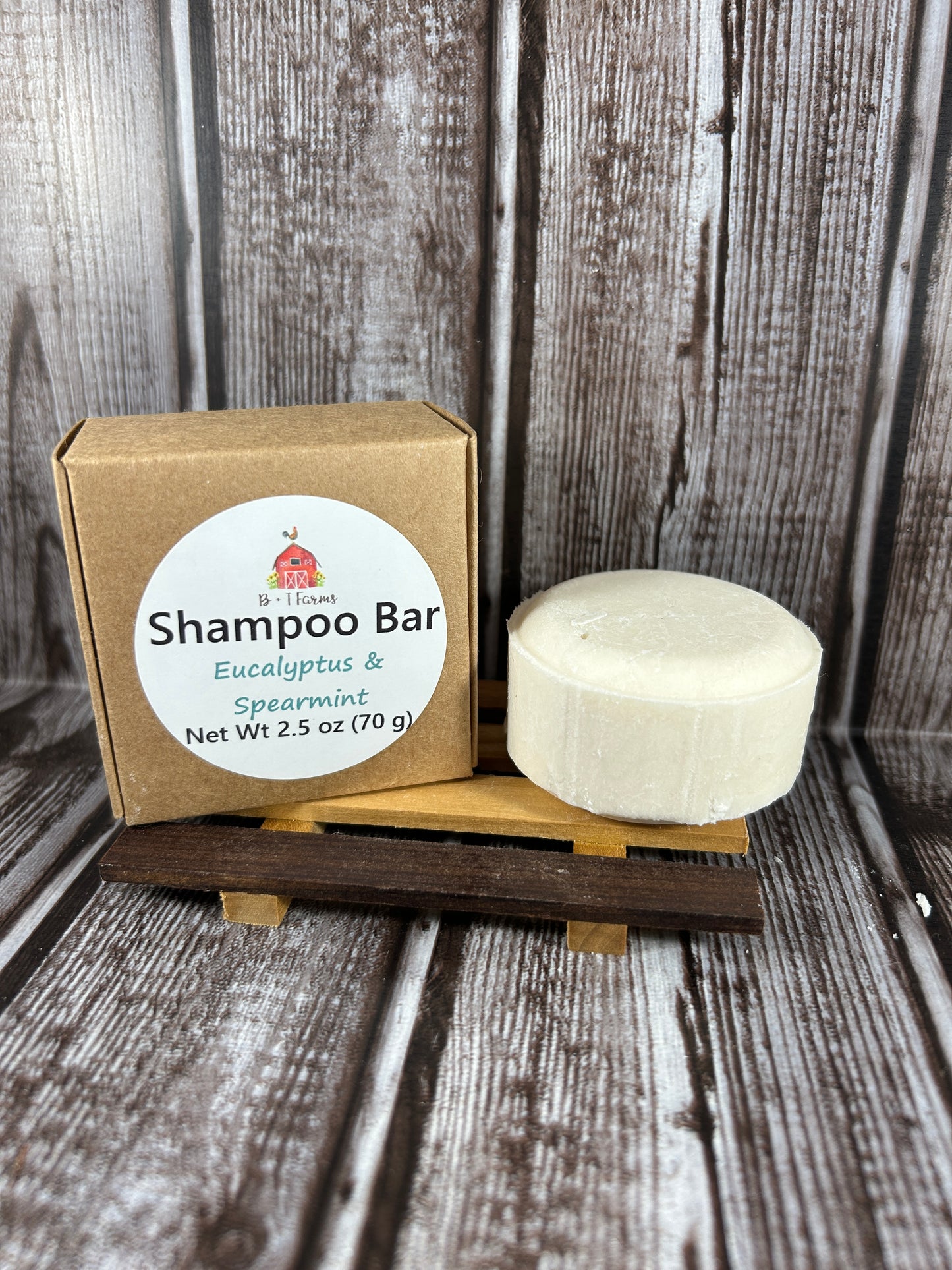 Shampoo bar with packaging on a wooden background