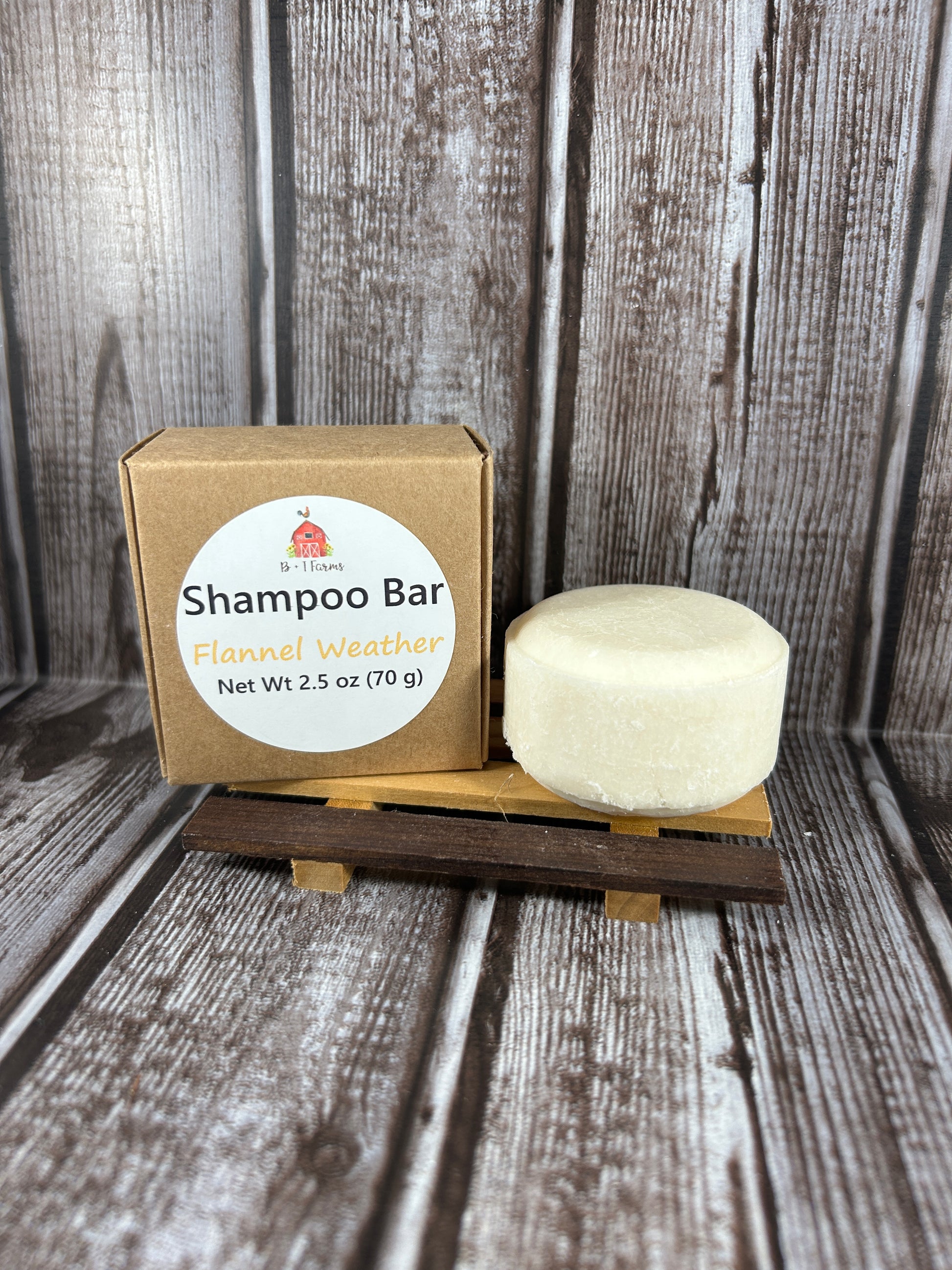 Shampoo bar with packaging on a wooden surface