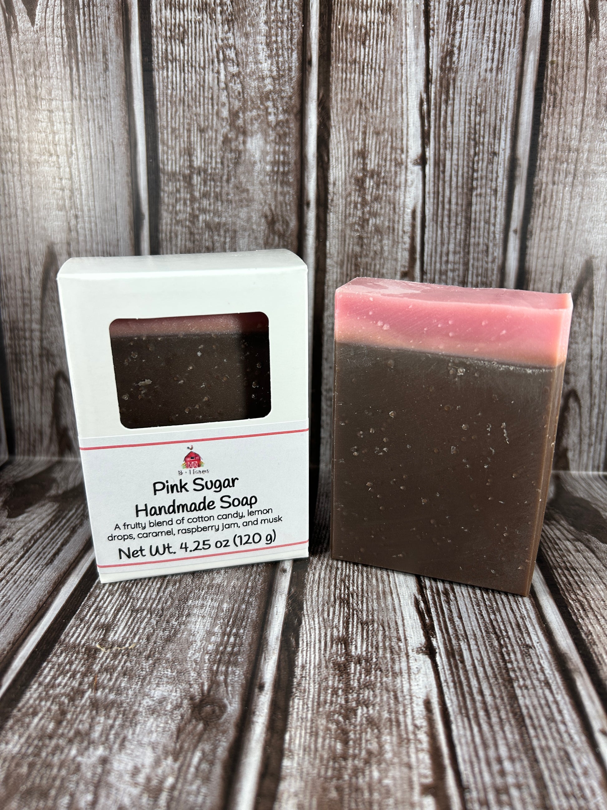Bar of soap with a packaging label on a wooden surface