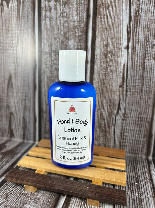 Oatmeal Milk & Honey Hand and body lotion bottle on a wooden surface